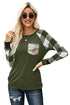 Plaid Splicing Sequined Pocket Long Sleeve Top